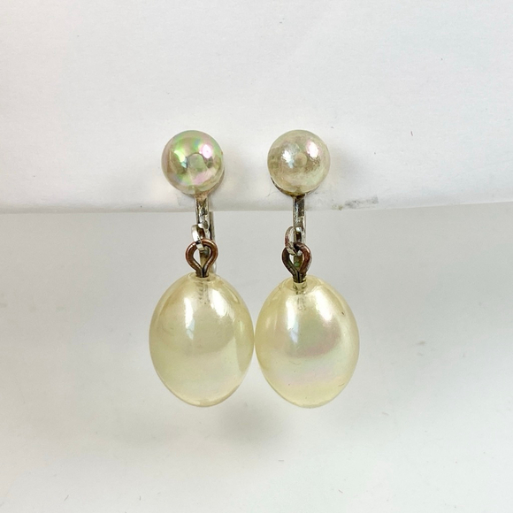 Antique Rainbow Iridescent Bubble Glass Sterling Drop Earrings. Screwback. - Picture 4 of 9